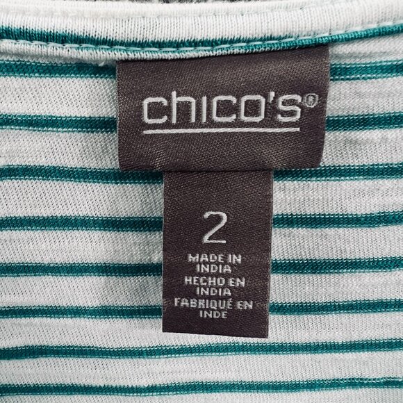 Chicos Womens Top 2 Large Green White Striped Tie Front Short Sleeve Casual - Picture 4 of 10